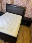 Dark Wood & Leather Double Bed with Mattress + Bedside Tables