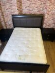 Dark Wood & Leather Double Bed with Mattress + Bedside Tables