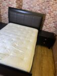 Dark Wood & Leather Double Bed with Mattress + Bedside Tables