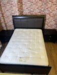 Dark Wood & Leather Double Bed with Mattress + Bedside Tables
